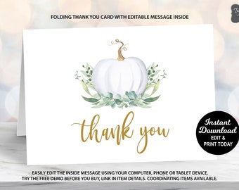 White Pumpkin Thank You Card, Little Pumpkin Baby Shower, Editable Thank You Card, Greenery Pumpkin, Fall Baby, Autumn, Gender Neutral