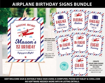 Airplane Birthday Sign Package, Airplane Birthday Welcome Sign, Airplane Birthday Decoration Bundle, Boy Birthday, Printable Signs