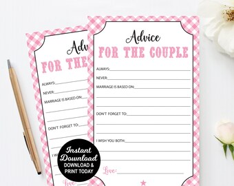 May include: A printable advice card for a couple, featuring a pink and white gingham pattern. The card has the text "Advice for the Couple" and includes prompts for guests to write advice for the newlyweds. The text "Instant Download Download & Print Today" is also included.
