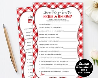 May include: Printable game cards with a red and white gingham pattern. The text "How well do you know the Bride & Groom?" is at the top of the cards, followed by a list of questions about the couple. The text "Instant Download Edit & Print Today" is in the bottom right corner.