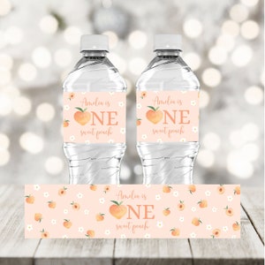 Editable Peach Birthday Water Labels, One Sweet Peach 1st Birthday Party Water Bottle Sticker, Girl Peach Party Decoration Corjl Template