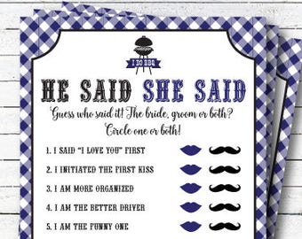 May include: A printable "He Said She Said" game for a wedding or bridal shower. The game features a blue and white gingham background with a list of 12 questions about the bride and groom. Players circle the lips or mustache icon to guess who said each statement.
