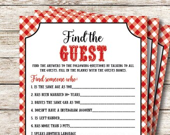 May include: A printable game card with a red and white gingham pattern. The card has the title "Find the Guest" and lists 15 questions to ask guests at a party. The card is available to download from Etsy.
