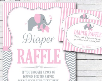 Elephant baby shower decorations - Elephant Diaper raffle cards & diaper raffle sign - Elephant Baby Boy - Printable PDF file