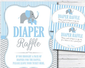 Elephant baby shower decorations - diaper raffle cards & diaper raffle sign - Elephant Baby Boy - DIY printable PDF file - Instant Download