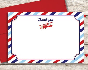 Airplane Thank You Card, Airplane Birthday Thank You Note, Airplane Baby Shower, Red, Blue & White, INSTANT DOWNLOAD, Printable