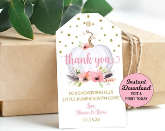 Pumpkin Baby Shower Favor Tags, Editable Thank you Tags, Baby Girl, Pumpkin Favors, Fall Baby Shower, Autumn, INSTANT DOWNLOAD
