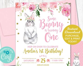 Bunny Birthday Invitation, Some Bunny Is One, Spring Birthday Invitation Girl, First Birthday, Easter Birthday, Printable INSTANT DOWNLOAD