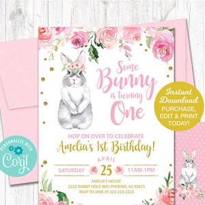 Bunny Birthday Invitation, Some Bunny Is One, Spring Birthday Invitation Girl, First Birthday, Easter Birthday, Printable INSTANT DOWNLOAD