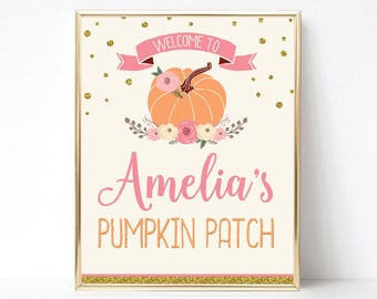 Pumpkin Birthday Welcome Sign, Printable Pink Gold Pumpkin Sign, 1st Birthday Sign, Personalized, Printable PDF File