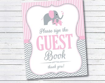 Elephant Baby Shower Sign - Sign The Guest Book Sign - Baby Girl Shower - DIY Printable - INSTANT DOWNLOAD