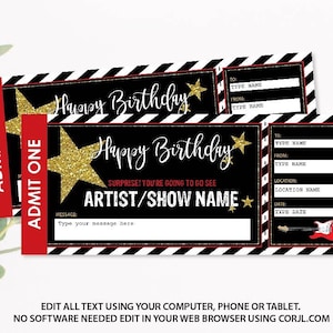 Editable Music Concert Ticket Gift Printable, Surprise Concert Ticket, Music Show Gift Certificate Birthday Gift Any Occasion Corjl Template