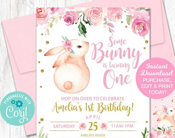 Bunny Birthday Invitation, Some Bunny Is One, Spring Birthday Invitation Girl, First Birthday, Easter Birthday, Printable INSTANT DOWNLOAD