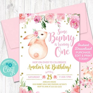 Bunny Birthday Invitation, Some Bunny Is One, Spring Birthday Invitation Girl, First Birthday, Easter Birthday, Printable INSTANT DOWNLOAD