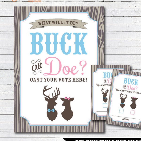 Buck Or Doe Gender Reveal Voting Sign and Cards - Gender Reveal Decorations - Instant Download - Printable PDF Files