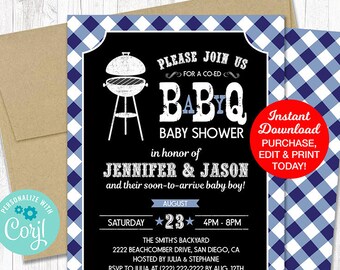 Baby Q Shower Invitation Navy Blue, BBQ Baby Shower Invitation, Couples Baby Shower Printable Pdf File, INSTANT DOWNLOAD