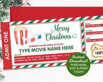 Könnte beinhalten: Eine druckbare Weihnachts-Kinokartenvorlage mit einem rot-grün-weiß gestreiften Hintergrund. Die Karte lautet "Frohe Weihnachten" und "Überraschung! Du wirst [Filmname einfügen] sehen" mit einem Cartoon-Bild von Popcorn und 3D-Brillen. Die Karte hat bearbeitbare Felder für Name, Kino und Datum.