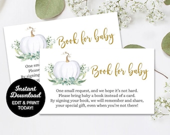 Book Request Card, White Pumpkin Baby Shower, Bring a Book, Baby Library, Pumpkin Greenery Baby Shower, Fall Baby Shower, Printable