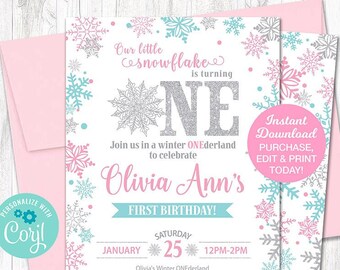 Printable Winter Onederland Invitation Girl, Winter Wonderland Invitation, Editable Invitation, Pink Turquoise Silver, INSTANT DOWNLOAD