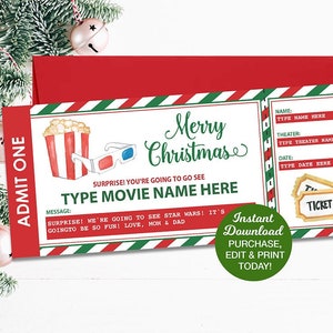 Christmas Movie Ticket, Movie Theater Ticket Gift, Surprise Show Ticket Printable, Fake Movie Ticket, Editable Ticket, INSTANT DOWNLOAD