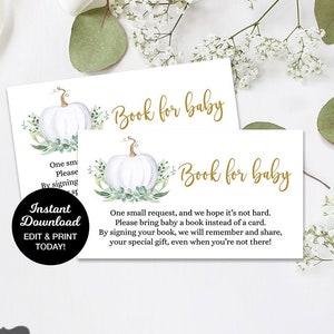 Book Request Card, White Pumpkin Baby Shower, Bring a Book, Baby Library, Pumpkin Greenery Baby Shower, Fall Baby Shower, Printable