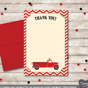 Fire Truck Thank You Card, Firefighter Thank You Card, Red, Black & Cream, INSTANT DOWNLOAD, Printable
