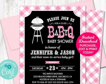 Baby Q Shower Invitation Pink, Girl BBQ Baby Shower Invitation, Couples Baby Shower Printable Pdf File, INSTANT DOWNLOAD