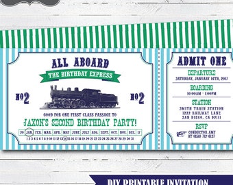Train Birthday Invitation - Printable Vintage Train Ticket Invitations - Green, Aqua & Navy Blue - Boy Birthday Invitation