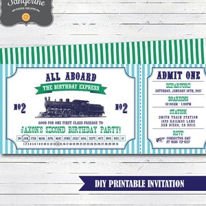 Train Birthday Invitation Printable Vintage Train Ticket Invitations Green, Aqua & Navy Blue Boy Birthday Invitation image 1
