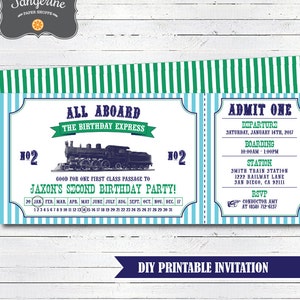 Train Birthday Invitation - Printable Vintage Train Ticket Invitations - Green, Aqua & Navy Blue - Boy Birthday Invitation