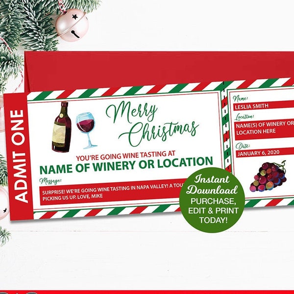 Christmas Wine Tasting Ticket Printable, Surprise Trip Ticket, Wine Vacation Ticket, Wine Gift, Napa Valley, Paso Robles, Editable Ticket