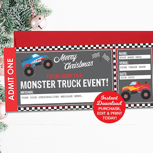 Monster Truck Ticket Printable Template, Christmas Gift Monster Truck Ticket Editable, Surprise Monster Truck, Gift Certificate