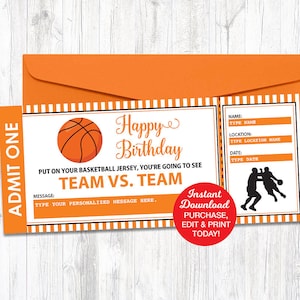 Surprise Basketball Game Ticket Printable, Basketball Birthday Gift, Editable Game Ticket, Fake Game Ticket, Gift Voucher, INSTANT DOWNLOAD