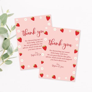 Editable Strawberry Baby Shower Thank You Card, Berry Sweet Party Thank You Note Card Baby Girl Shower Corjl Template