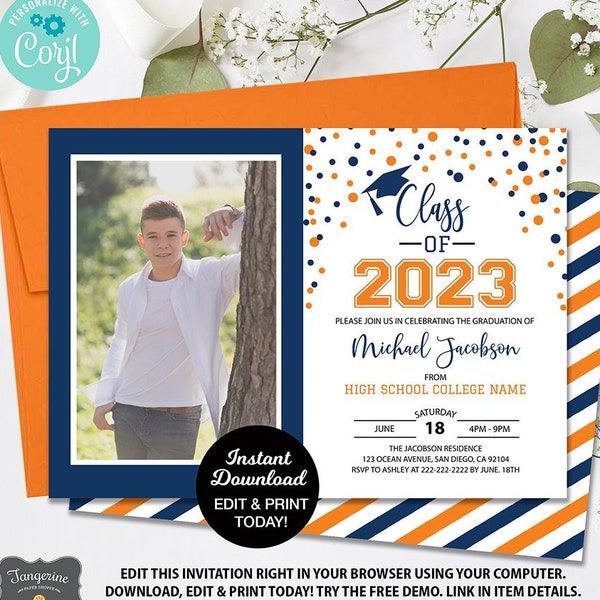 2024 Graduation Party Invitation, Blue & Orange, Editable Graduation Announcement, College Graduation, High School Graduate, Photo Invite