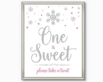 Floral blush pink and silver first birthday party sign One is sweet please take a treat table sign printable Winter onederland decorations
