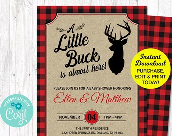 Deer Baby Shower Invitation, Little Buck Baby Shower Invitation, Red Buffalo Plaid, Woodland Animal Shower, Printable Invitation, Editable