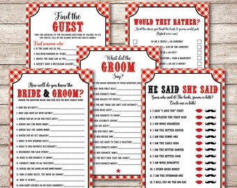 May include: Four printable game cards for a bridal shower or wedding. The cards are red and white gingham with black text. The games are "Find the Guest", "How well do you know the Bride & Groom", "What did the Groom Say?" and "He Said She Said".