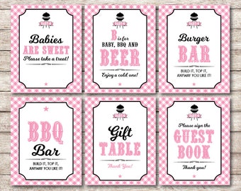Rosa baby Q-showerskyltar, set med 6, utskrivbara grillskyltar för babyshower, baby Q-dekorationer för flicka, utskrivbar PDF-fil, direkt nedladdning