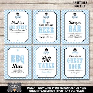 Bbq Baby Shower Signs Set of 6, Baby Q Shower Signs Light Blue, Boy Baby Shower, Printable PDF File, INSTANT DOWNLOAD