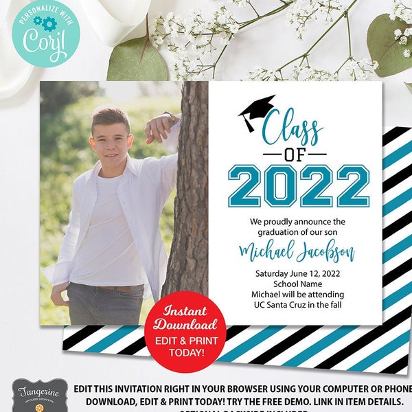 Printable Graduation Party Invitation, Teal Graduation Announcement, Class of 2024 Announcement, College Graduation Card High School Grad