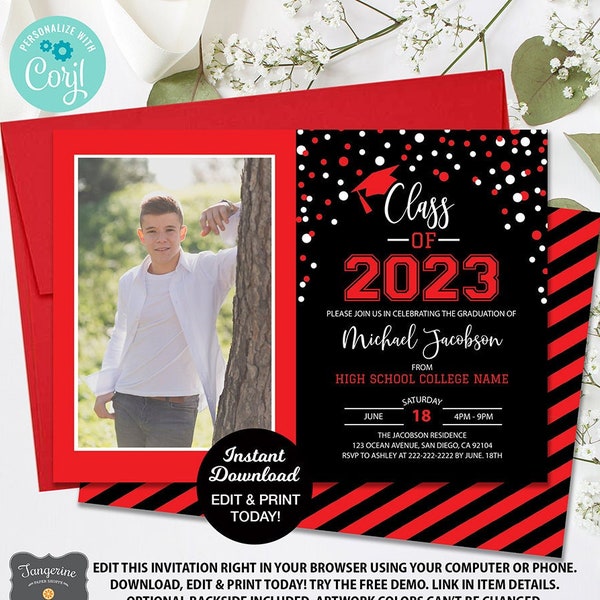 2024 Graduation Party Invitation, Red Black Graduation Announcement, College Graduation, High School Graduate, Editable Photo Invite