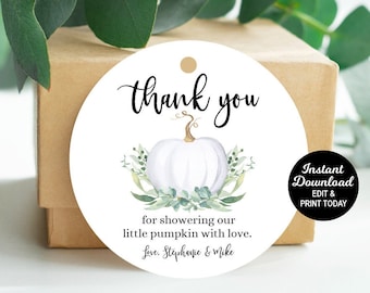 Favor Tags Circle, Little Pumpkin Baby Shower, White Pumpkin Thank you Tags, Fall Baby Shower, Pumpkin Favor, Gender Neutral, Editable Tag