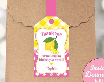 Pink Lemonade Birthday Favor Tag, Lemonade Birthday Decorations, Personalized, Printable PDF File