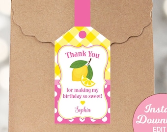 May include: A pink and yellow thank you tag with a lemon illustration. The tag says "Thank You for making my birthday so sweet!" and is personalized with the name "Sophia".