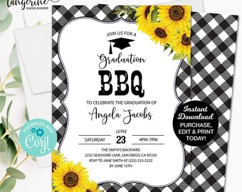 Editable BBQ Graduation Party Invitation, Barbecue Party Invite, Black White Gingham Sunflower College High School Graduation Corjl Template