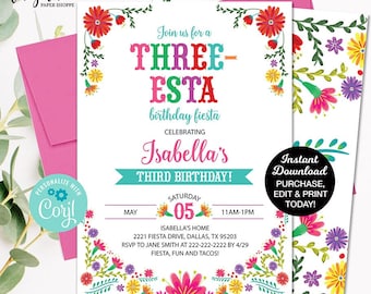 Editable Three-Esta Fiesta Birthday Invitation, Mexican Third Birthday Invite, Girl 3rd Birthday, Printable Invitation, Mexican Floral