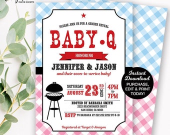 Editable Baby Q Gender Reveal Invitation, BBQ Gender Reveal Invite, Summer Gender Reveal Invitation Template