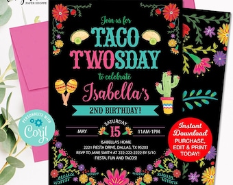 Taco Twosday Invitation Black, Fiesta Birthday Invitation Editable, Taco Tuesday Invitation, Fiesta 2nd Birthday, Taco Birthday Invitation