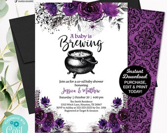 Halloween Baby Shower Invitation, A Baby is Brewing Shower Invite, Gothic Baby Shower Invitation Template, Printable Fall Baby Shower Invite